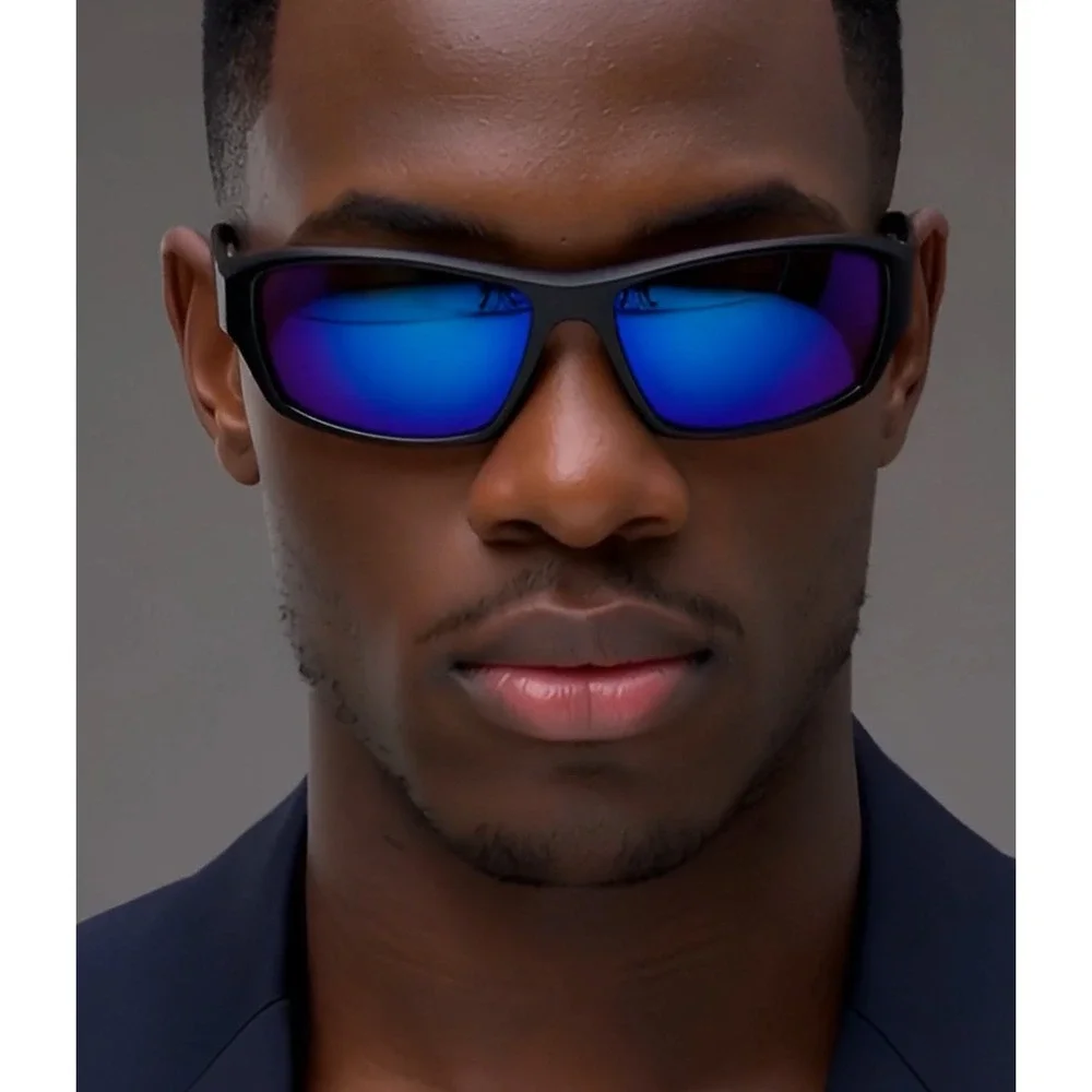 Mens Black Sport Wrap Sunglasses Blue Mirrored Lenses Vibrant Sleek Lentes Gafas